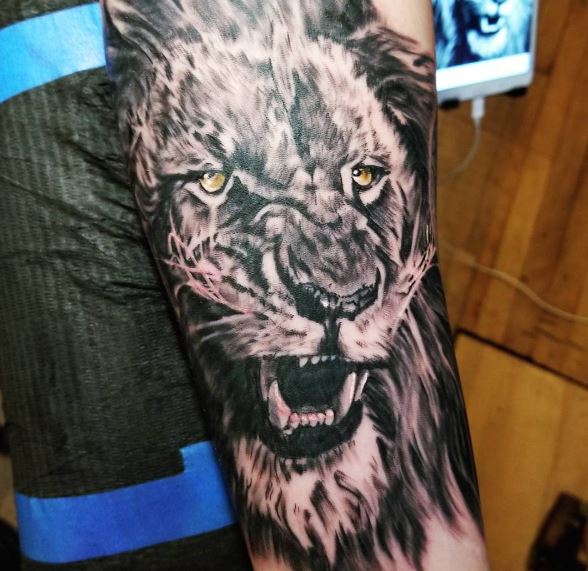 black and white photorealistic lion